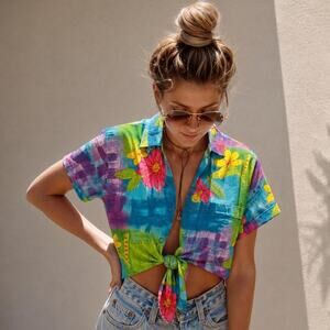 Sams World Tropical Floral Button Up Shirt Medium Colorful Y2K Vacation